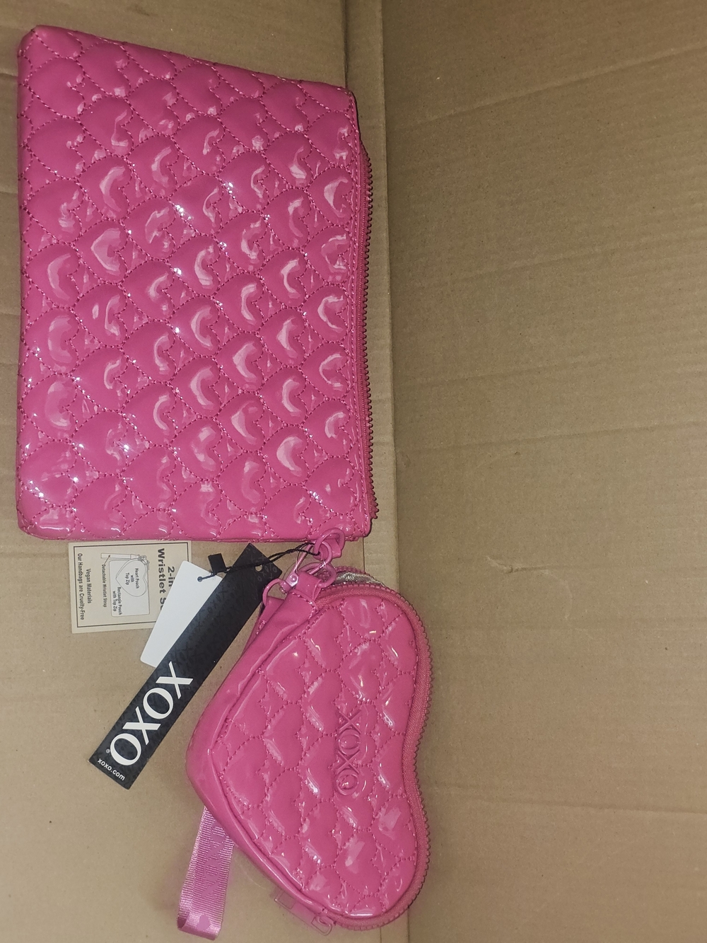 XOXO Hot Pink Quilted Patent Wristlet with Heart Coin Purse
